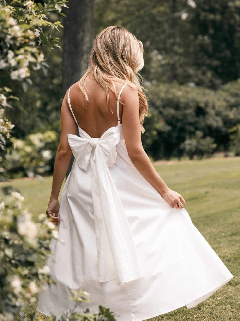 Petal & Pup Alice Bow Back Midi Classic White Spaghetti-Strap Dress Feminine